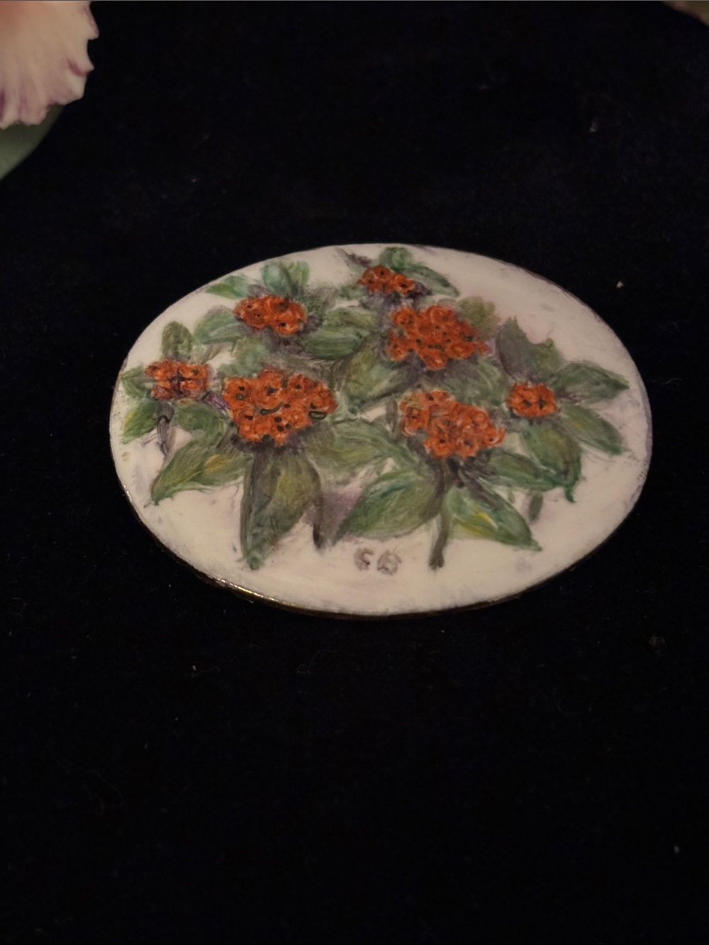 Japan Hand-Painted Ceramic Floral brooch in Orange and Green